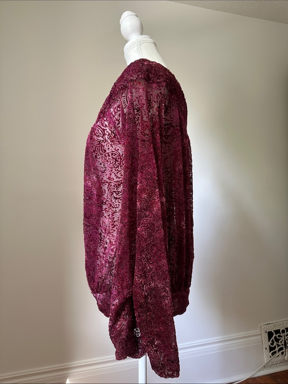 FREE PEOPLE Ginger Berry Velvet Burnout Off the Shoulder Sheer Boho Top Medium - Picture 4 of 8